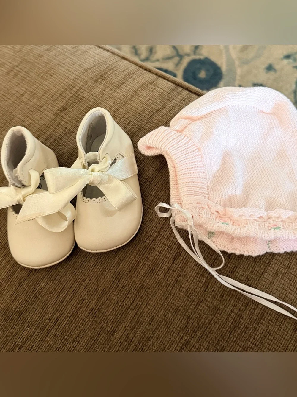 Baby Girl Christening Leather Shoes With Satin Ribbon & Hat